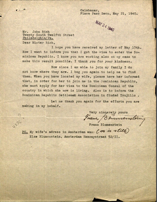Blumenstein, Franz to American Friends Service Committee 1940-1945