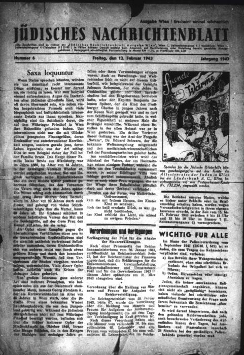 Saxa loquuntur, Vienna Jüdisches Nachrichtenblatt, newspaper article 1943