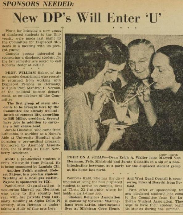 This University of Michigan student newspaper article from April 1949 documents efforts by students to secure support for Displaced Persons entering the university.
