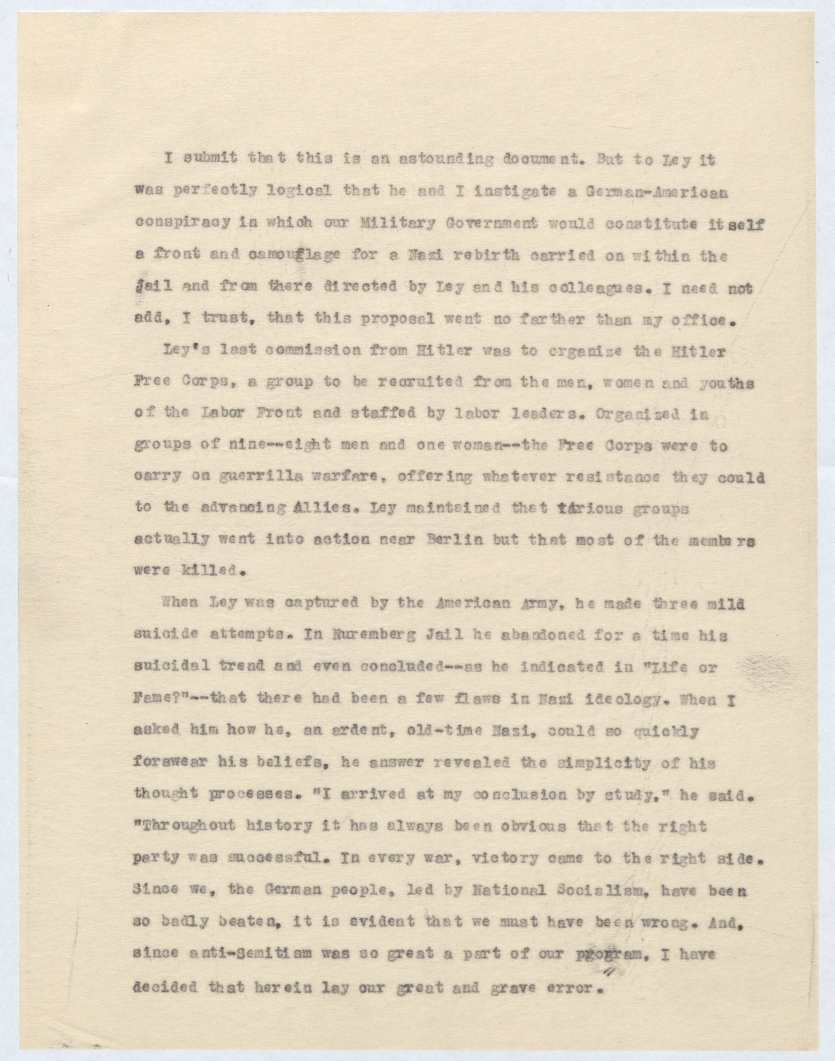 In the pages of a book manuscript featured here, an American psychiatrist named Douglas M. Kelley describes his evaluation of imprisoned Reich Labor Leader Robert Ley.