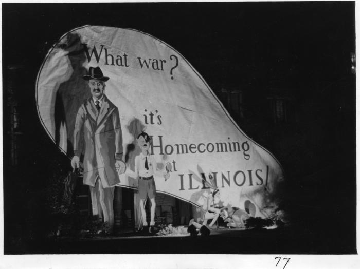 This photo captures homecoming decorations designed by students at the University of Illinois that comment on the outbreak of World War II in 1939.
