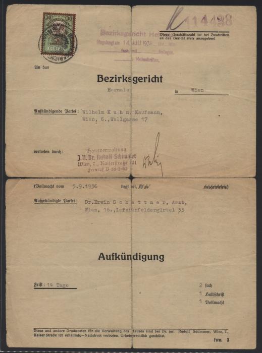 In July 1938, a Jewish doctor named Erwin Schattner received this eviction notice ordering him to move out of his offices so that a non-Jewish physician could use the space.