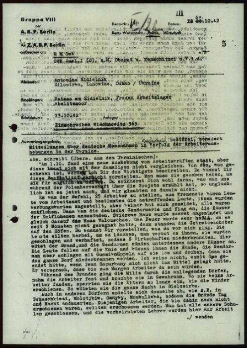 In the featured letter to a family member working in Germany, a Ukrainian woman named Antonina Sidielnik described a raid by German forces on her home village.