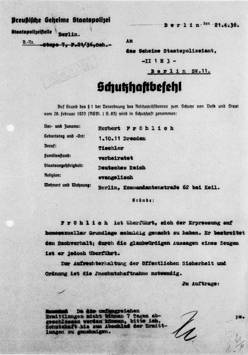 Protective custody order for Herbert Fröhlich from the Berlin Police.